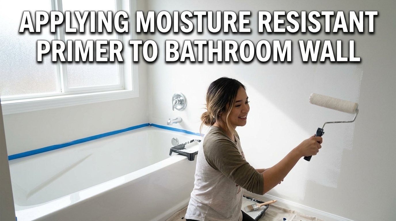 Title: Applying Moisture Resistant Primer to Bathroom Wall DIY painter using a roller to apply a smooth coat of white primer on a bathroom wall.