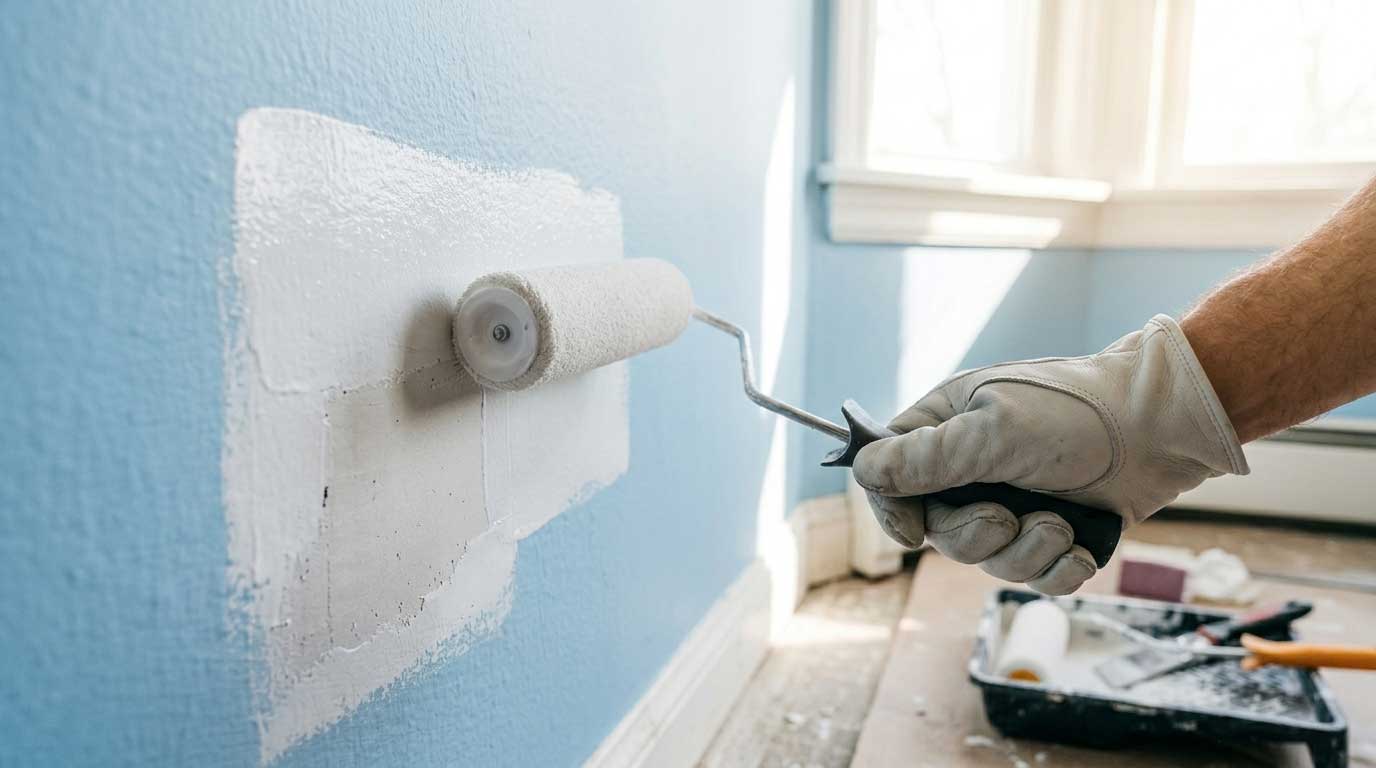 Applying Primer to Repaired Wall Rolling a fresh coat of white bonding primer onto a repaired wall to fix peeling paint permanently.