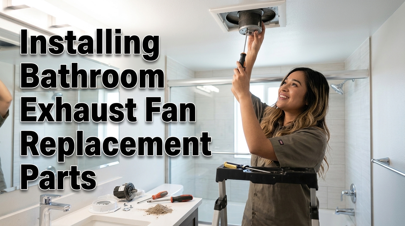 Installing Bathroom Exhaust Fan Replacement Parts Close-up of a white bathroom ceiling exhaust fan housing during motor repair and maintenance.