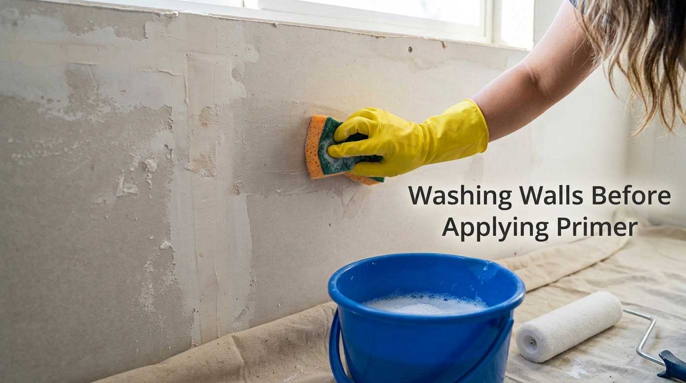 A close-up of a person using a damp yellow sponge to wash a dirty drywall surface before applying bonding primer and fresh paint.