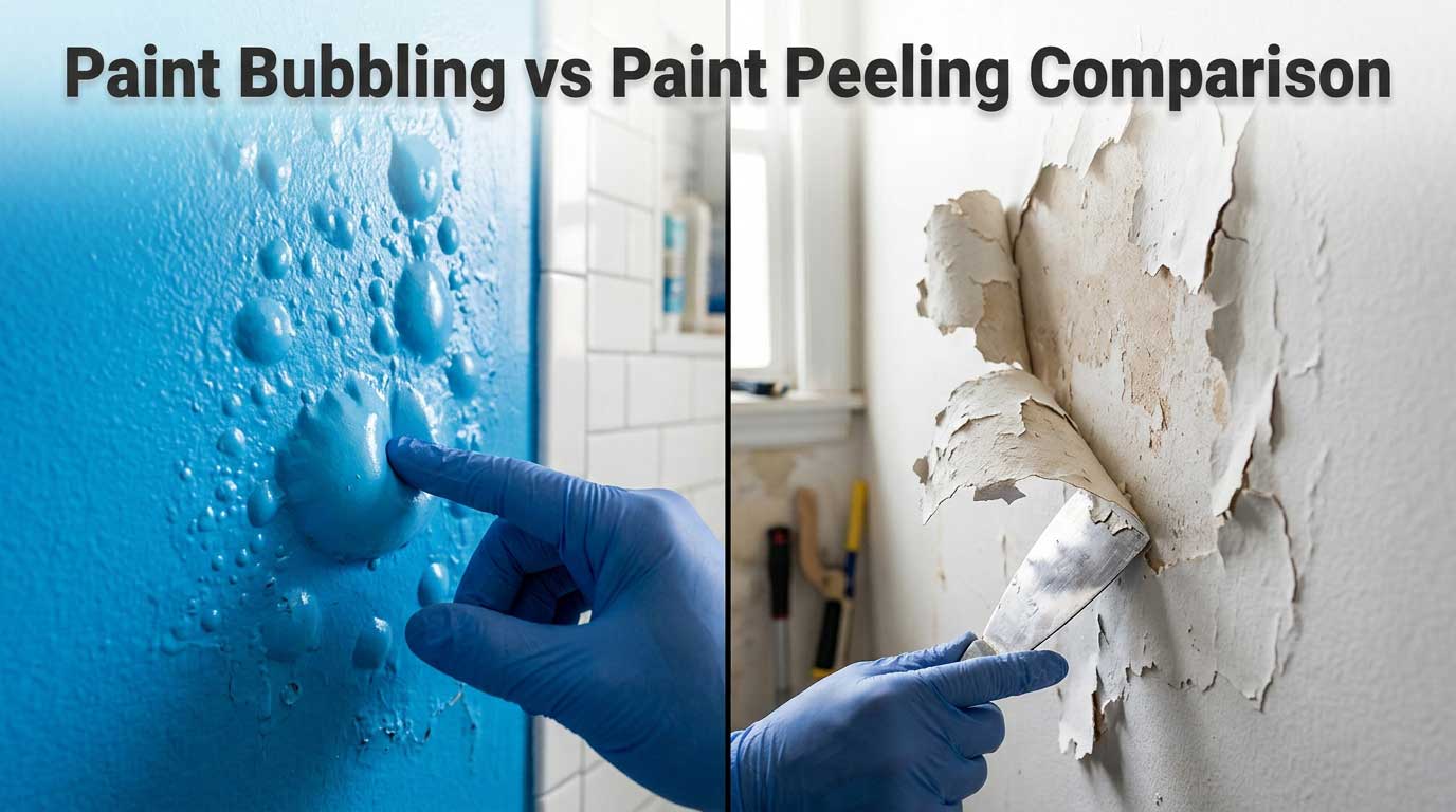 A side-by-side visual comparison showing soft, swollen paint bubbles on a blue wall next to dry, cracking paint peeling off a white wall.
