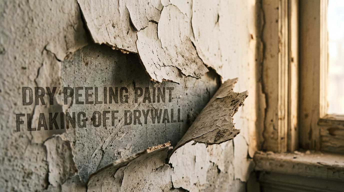 Macro photograph of dry, brittle paint cracking and peeling off an interior wall in large flakes, exposing the bare drywall underneath.