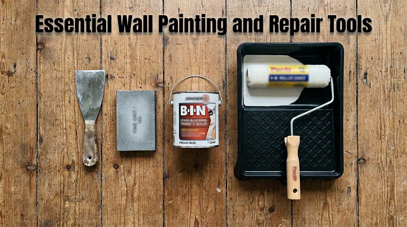 Essential Wall Painting and Repair Tools A neat flat-lay arrangement of wall repair tools including a putty knife, sanding block, a can of oil-based primer, and a paint roller.