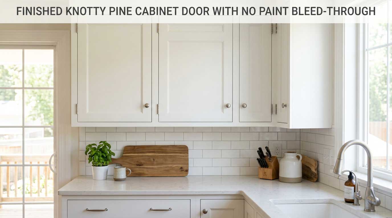 Finished Knotty Pine Cabinet Door With No Paint Bleed-Through Finished white knotty pine cabinet door with no bleed-through
