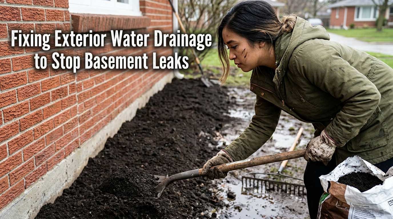 Fixing Exterior Water Drainage to Stop Basement Leaks Person adding topsoil to slope dirt away from the home foundation to stop basement water pressure.