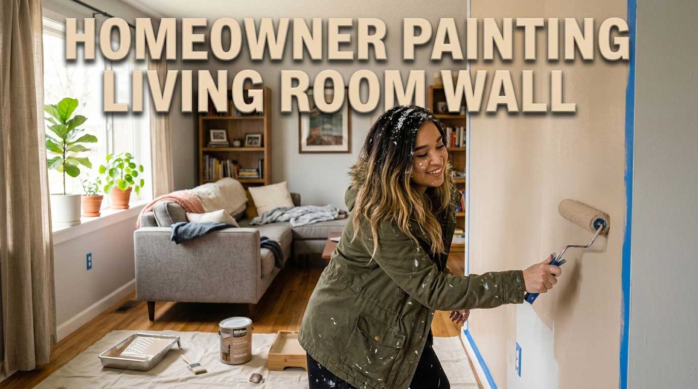 Smiling homeowner enthusiastically painting a living room wall with a paint roller in warm natural light.