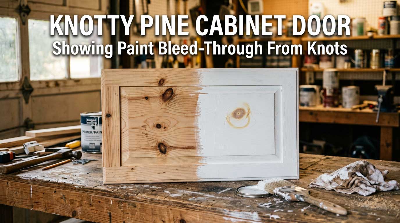 Half-painted knotty pine cabinet door showing knots bleeding through white paint