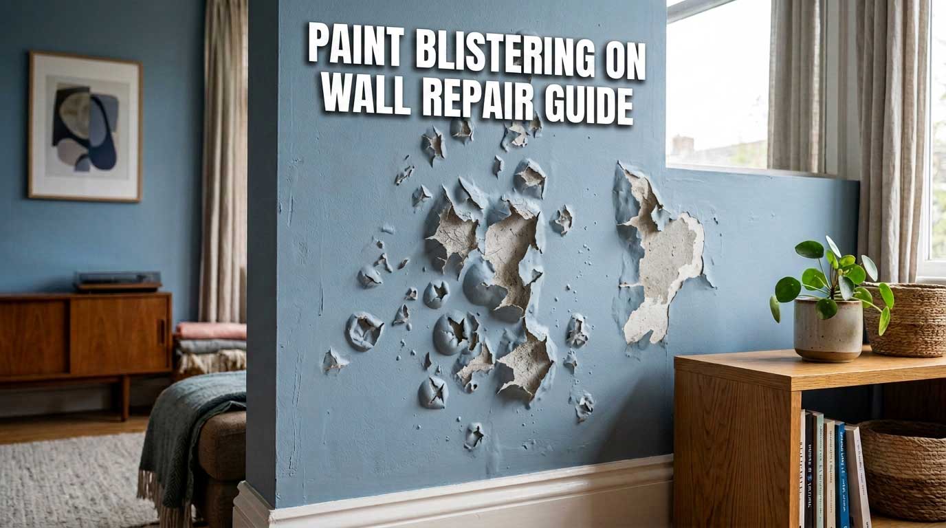 A close-up view of severe paint blistering on a living room wall, showing raised bubbles on the surface.