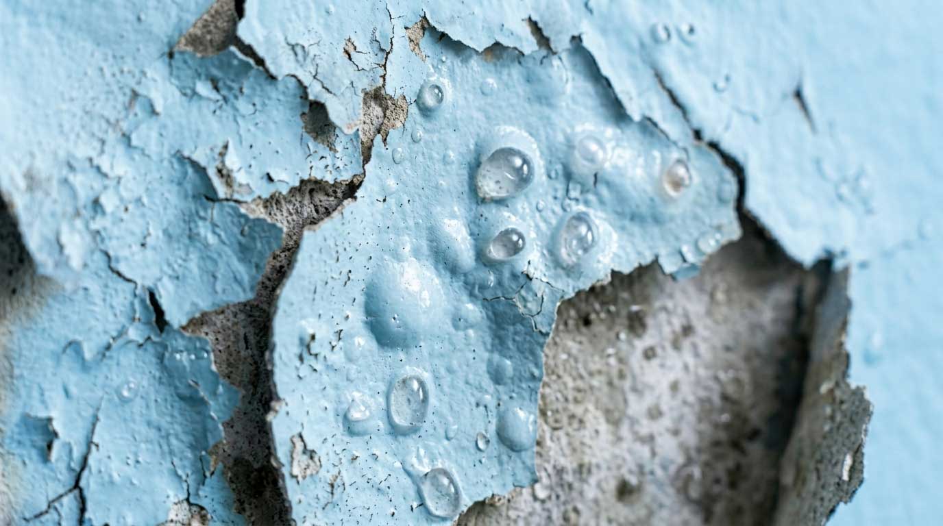 Paint Bubbling from Moisture Damage Close up of water bubbles and cracked edges showing exactly why is my paint peeling off the wall in a damp bathroom.