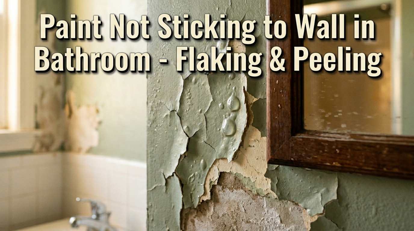 Sage green paint peeling and flaking off a white drywall bathroom wall near a shower.