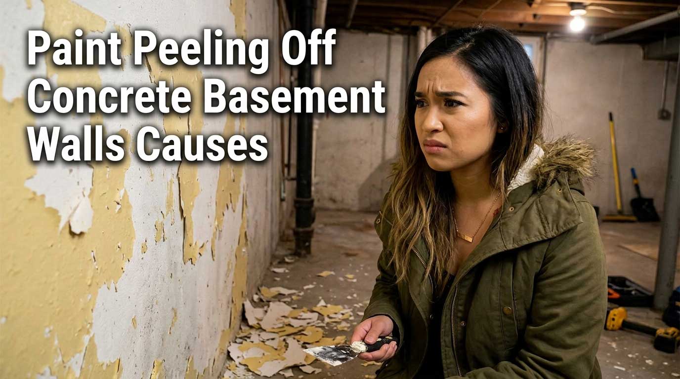 Frustrated homeowner looking at paint peeling off concrete basement walls due to moisture issues.
