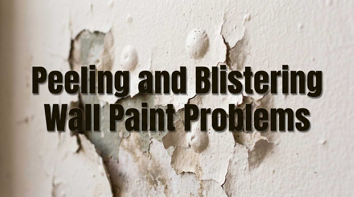 Close up showing severe peeling, cracking, and blistering paint falling off an interior wall surface.