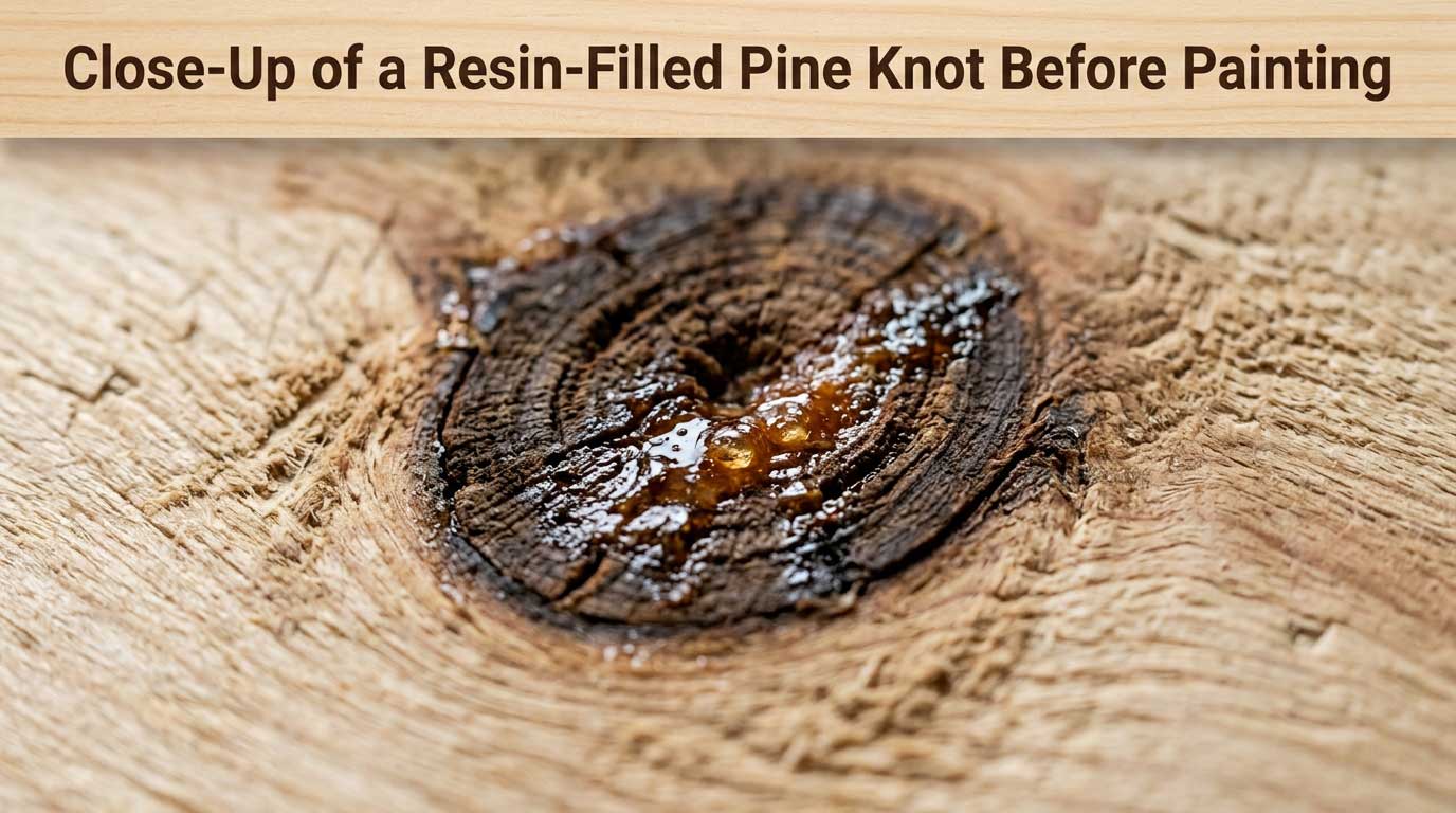 Close-Up of a Resin-Filled Pine Knot Before Painting Close-up of a raw pine knot showing natural resin before painting