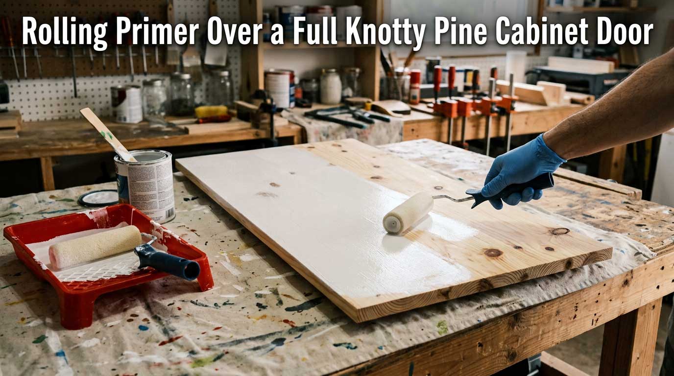 Rolling Primer Over a Full Knotty Pine Cabinet Door Roller applying primer over a full knotty pine cabinet door