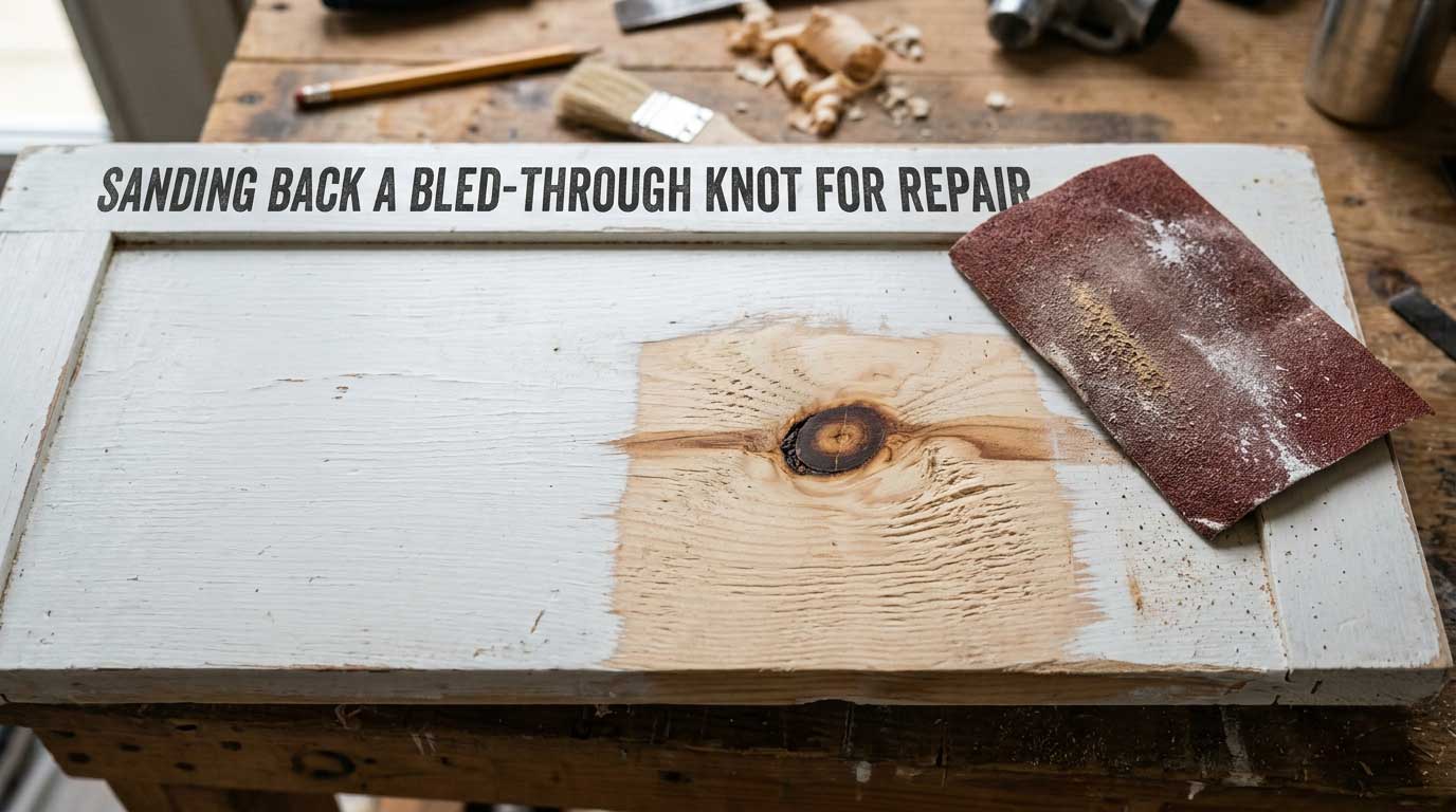 Sanding Back a Bled-Through Knot for Repair Sanded spot on painted wood revealing a knot for repair