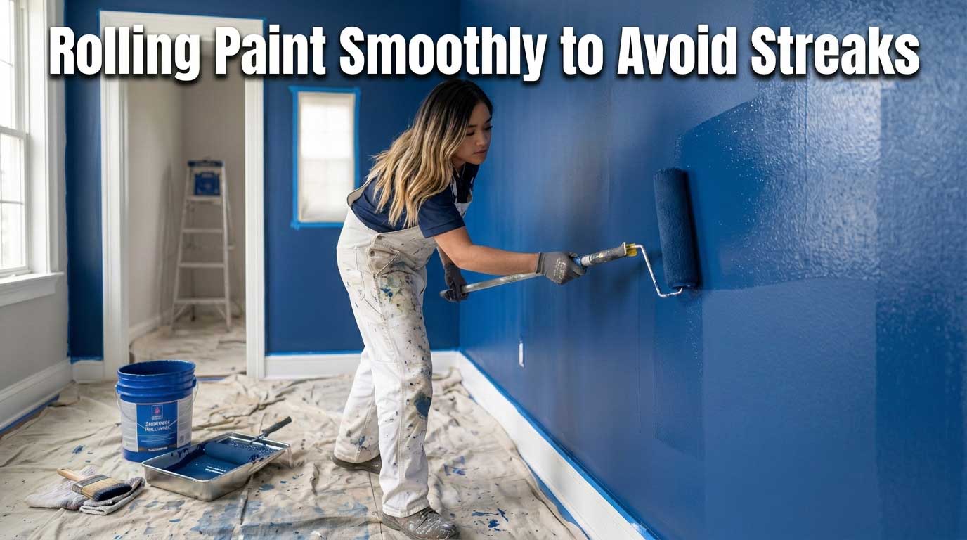 Person using a high-quality paint roller to apply vibrant blue paint smoothly on a wall, demonstrating proper technique.