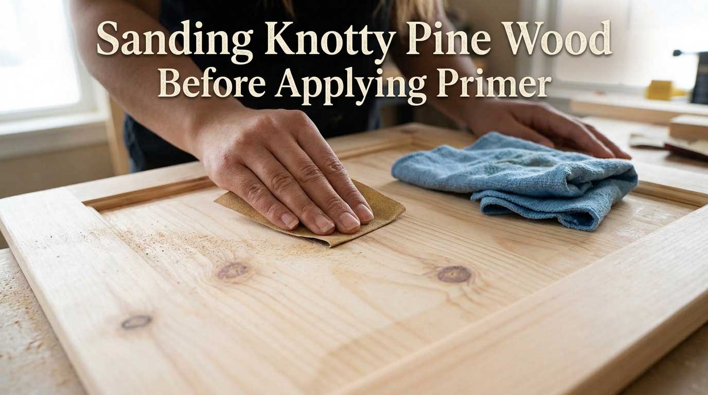 Sanding Knotty Pine Wood Before Applying Primer Hands sanding a knotty pine cabinet door before priming