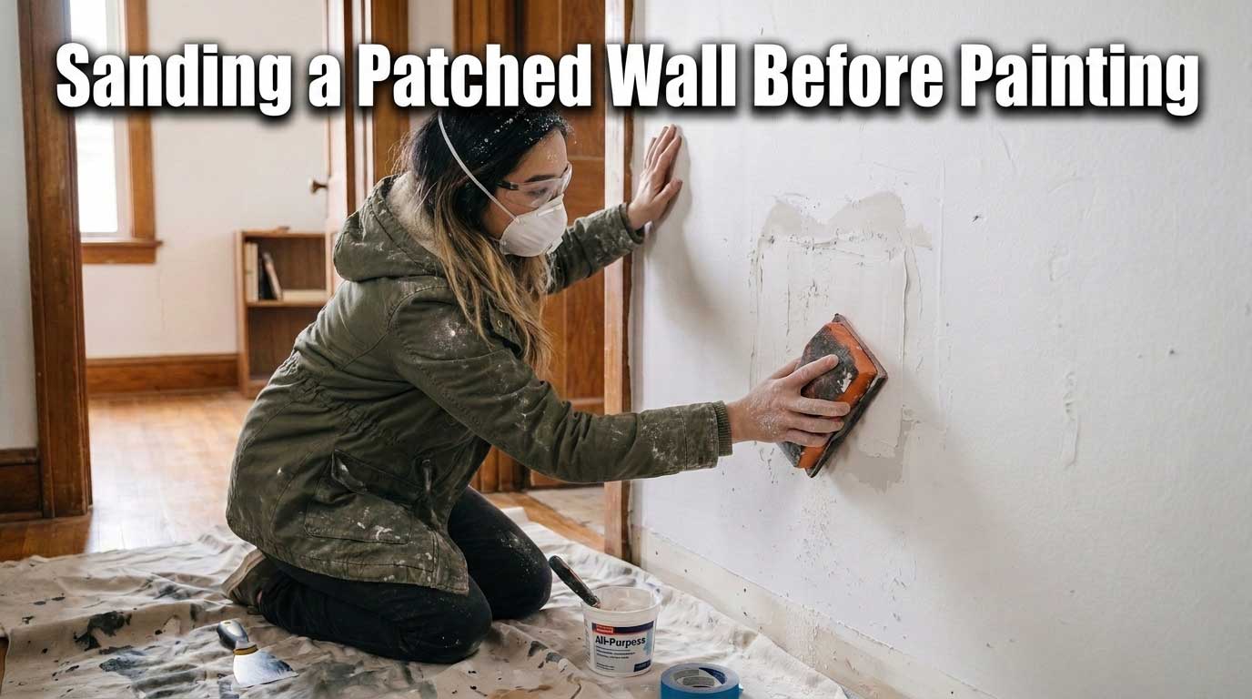 Close up of a person's hand using a sanding block to smooth out a patched hole on a white wall before painting.