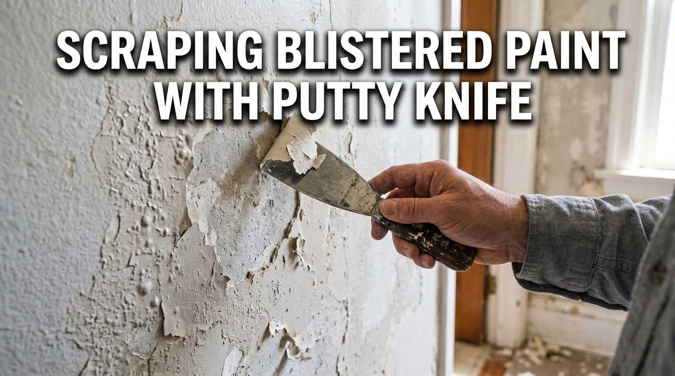 Scraping Blistered Paint with Putty Knife A hand holding a metal putty knife, carefully scraping away loose, bubbling paint from a damaged interior wall.