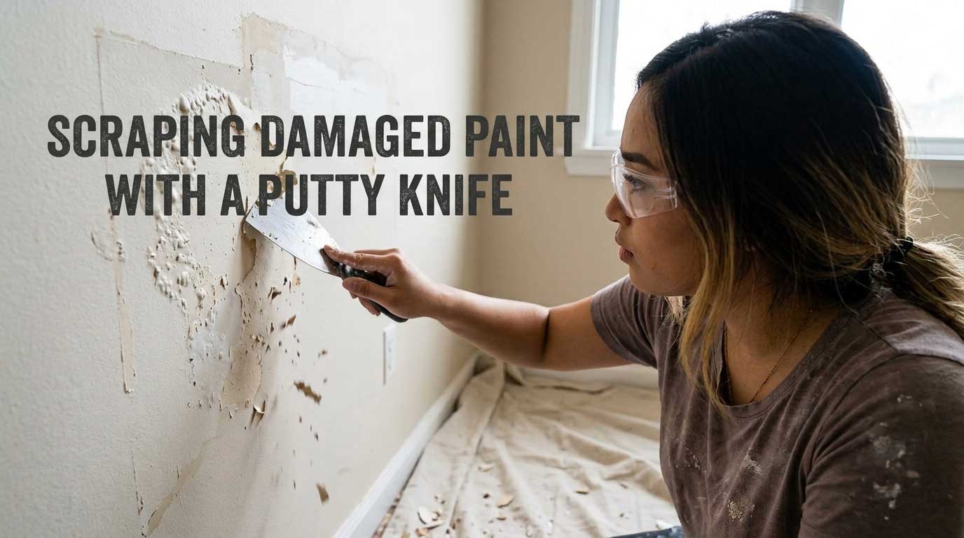 A person wearing protective safety glasses using a stiff metal putty knife to scrape loose and bubbling paint off an interior wall.