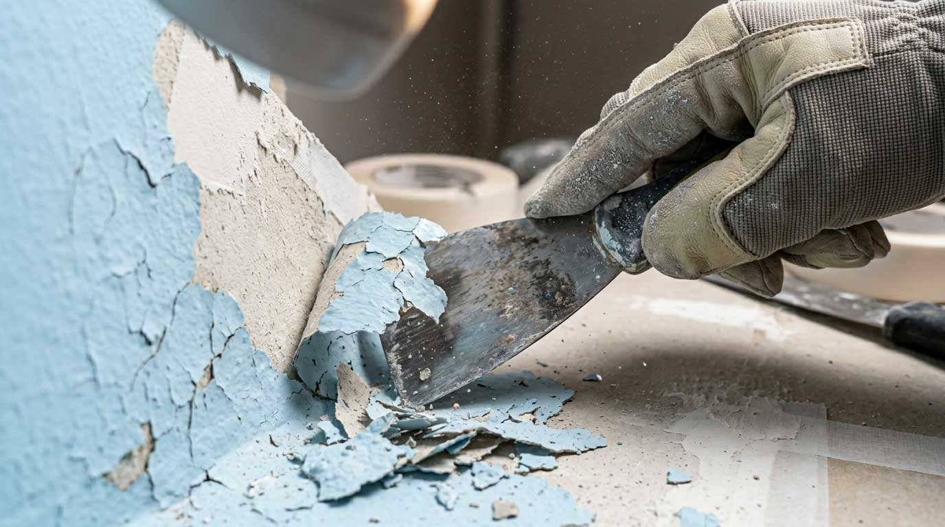 Scraping Peeling Paint Off Wall A person using a metal putty knife to scrape dry, peeling paint off the wall before applying new primer.