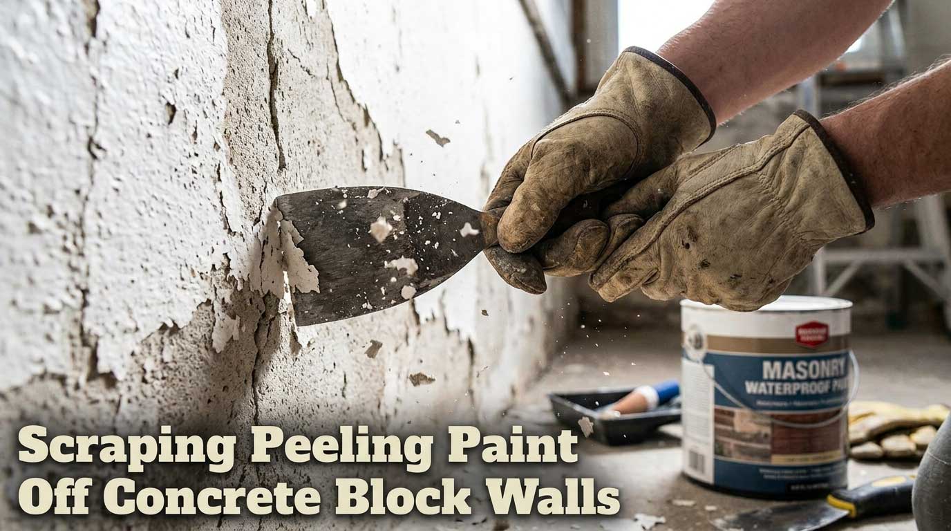 Scraping Peeling Paint Off Concrete Block Walls Gloved hands using a metal scraper to remove flaking paint from a rough concrete basement wall before applying masonry waterproofer.