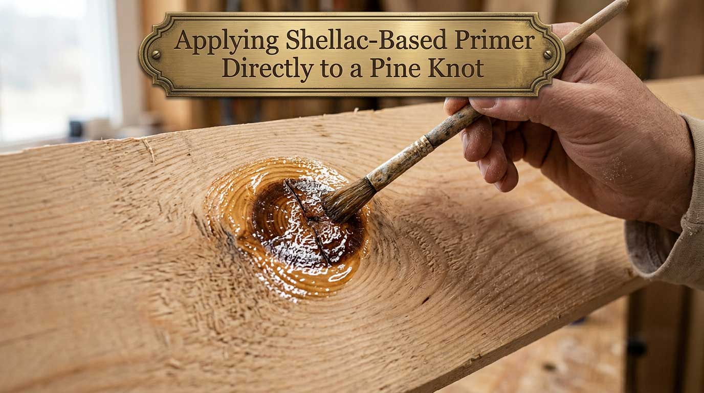 Applying Shellac-Based Primer Directly to a Pine Knot Brush applying shellac-based primer to a pine knot before painting