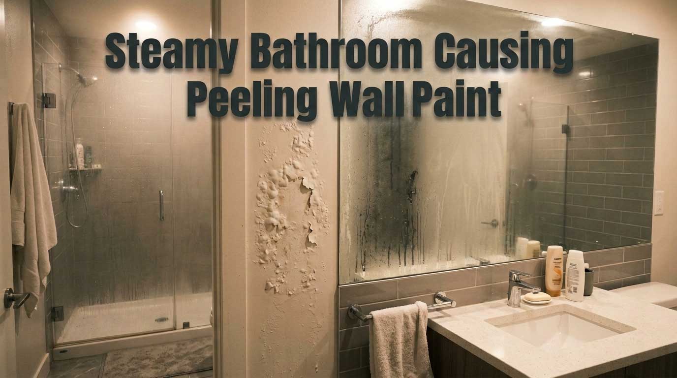 Steamy Bathroom Causing Peeling Wall Paint A humid, steamy bathroom with condensation on the mirror and visible paint blistering on the wall near the shower.