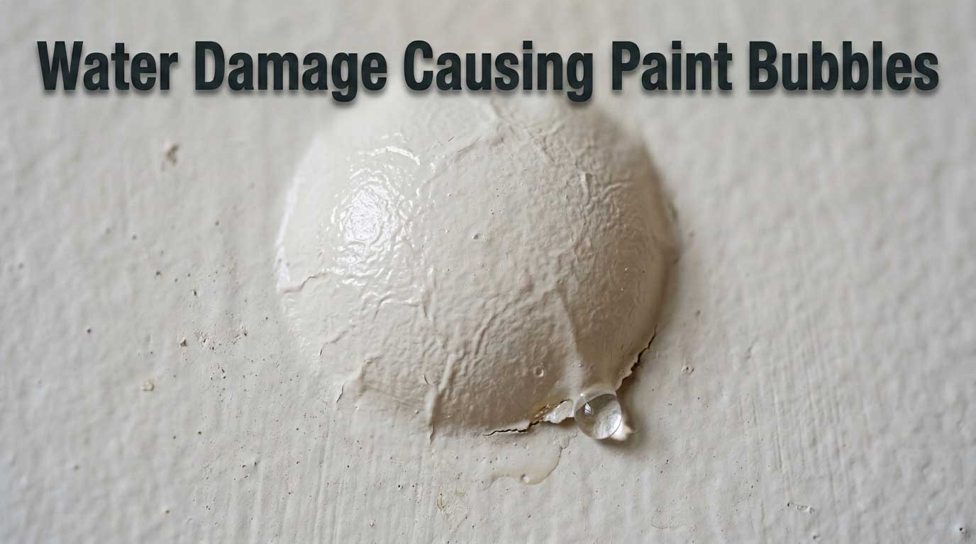 Water Damage Causing Paint Bubbles Close-up of water trapped under a layer of latex wall paint, creating a large, swollen blister.