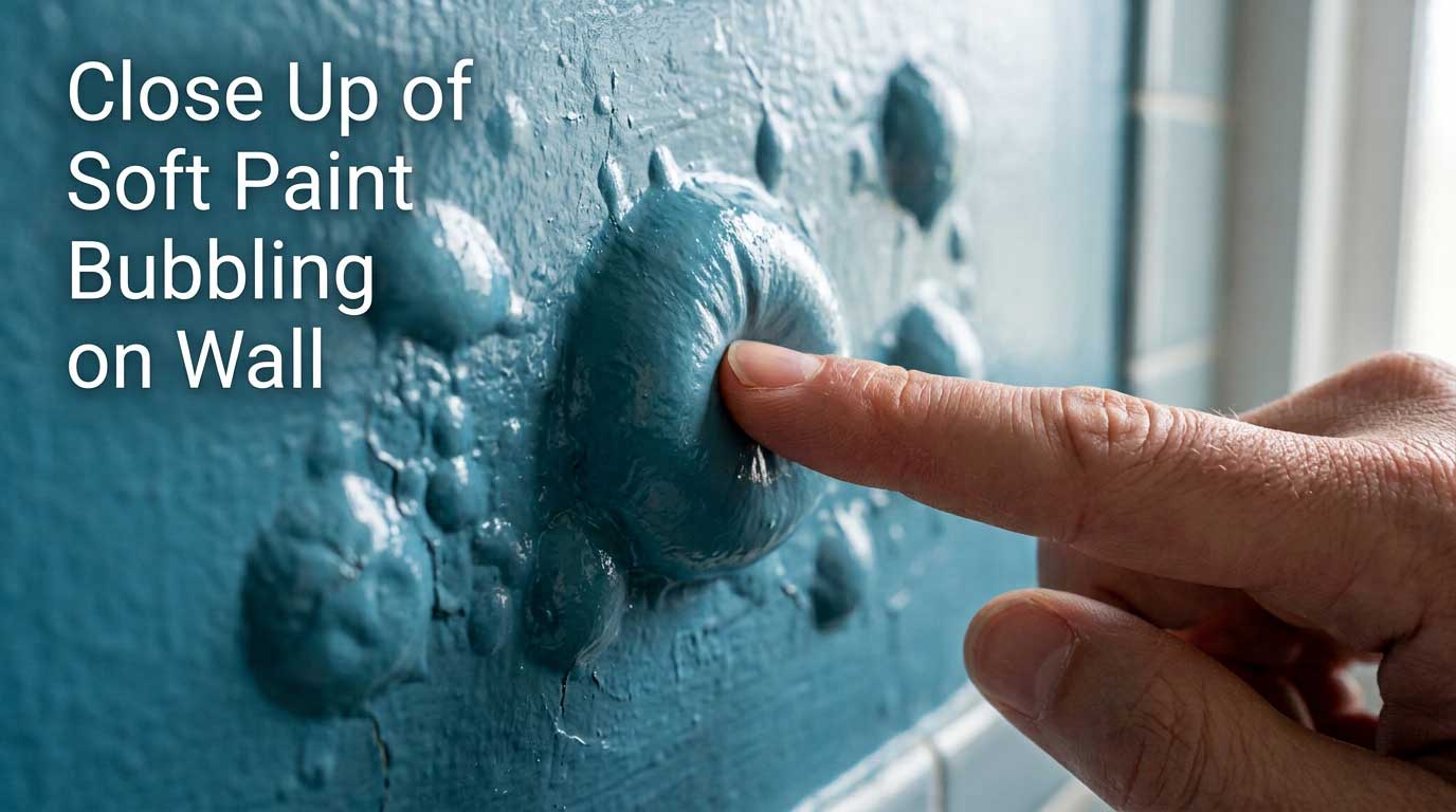 Close-up shot of a person's bare finger gently pressing on a soft, swollen blister of blue paint on a steamy bathroom wall.