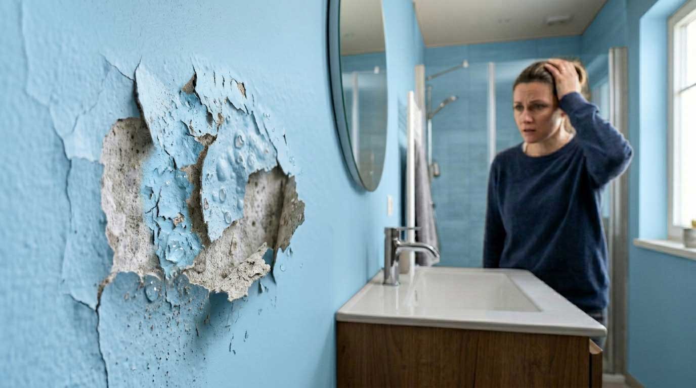 A frustrated homeowner looking at a bathroom wall, wondering why is my paint peeling off the wall.